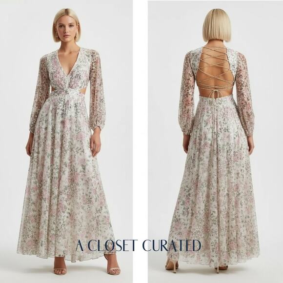 Mac Duggal Sequin Floral Print Cutout Lace-Up Gown NWT 0 Style 93746